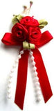 RB372 Red Satin Rose Bow Buds with Ribbon and Pearl Bead Trim Decoration.