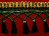 FT488 10cm Honey Gold and Forest Green Tassel Fringe on a Decorated Braid - Ribbonmoon