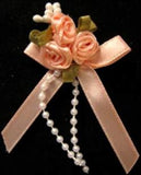 RB396 Peach Satin Rose Bow Buds with Ribbon and Pearl Bead Trim Decoration