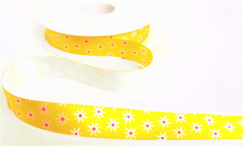 R5010 15mm Yellow-White-Pink Daisy Print Satin Ribbon by Berisfords