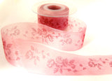 R2266 40mm Dusky Pink Sheer Ribbon, Burgundy Wild Rose Flowery Design