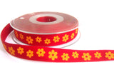 R7216 15mm Printed Red Cotton Tape Ribbon with a Orange Daisy Design