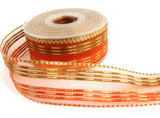 R7400 40mm Brown and Rust Stripes and Sheer Ribbon, Woven Gold Lurex.