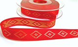 R9454 15mm Red Taffeta Ribbon with Gold Metallic Diamonds, Berisfords