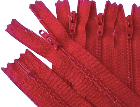 13cm red YKK No.3 closed‑end nylon zip with a matching red puller, photographed on a plain white background for sewing, dressmaking, and craft projects