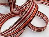 burgundy, orange and gold, sheer, metallic and solid striped 16mm wide ribbon