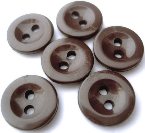 Dar Brown 14mm gloss nylon 2 hole button with a concave centre and flat gloss rim.