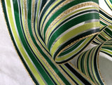 greens  and gold, sheer, metallic and solid striped 40mm wide ribbon