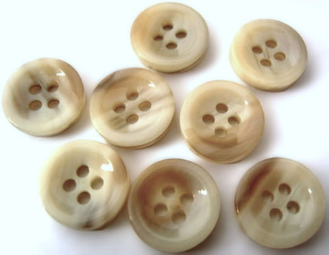 14mm tonal cream and brown glossy 4 hole button with marbled pattern and concave centre.