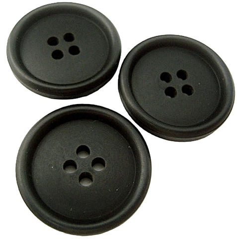 25mm Black 4 Hole Button. Soft Sheen with a Raised Rounded Rim