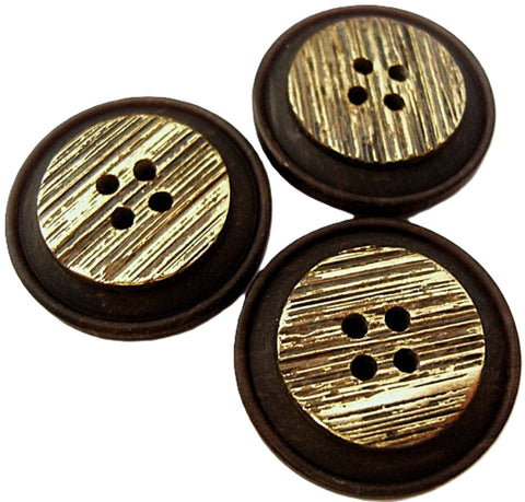 28mm Gold Textured Metallic Effect 4 Hole Button with a Brown Rim