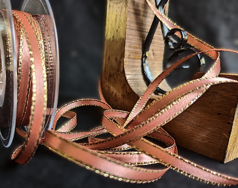 R1787 7mm Rose Gold Pink-Gold Metallic Edge Satin Ribbon by Berisfords