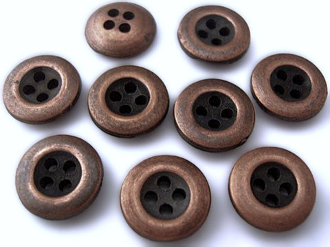 12mm metal alloy 4 hole button. Copper‑tone & black with a concave centre