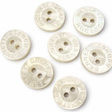 12mm bridal‑white shimmery polyester 2 hole button with concave centre and engraved lettered rim.