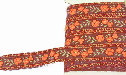 FT072 16mm Brown-Orange-Petrol Vintage Embroidered Flower Braid Trim