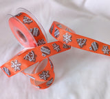 R7364 25mm Orange & Brown Christams Design Ribbon. Wire Edge
