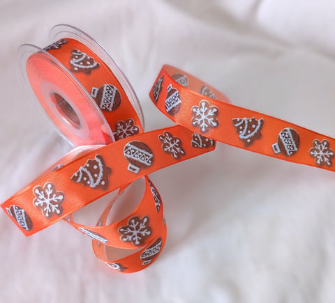 R7364 25mm Orange & Brown Christams Design Ribbon. Wire Edge