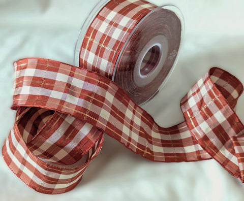 R7114C 40mm Rust & Cream Tartan Ribbon with Copper Metallic Stripes