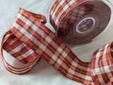 R7114 40mm Rust & Cream Tartan Ribbon with Copper Metallic Stripes
