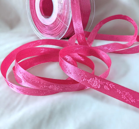 R7029C 10mm Shocking Pink Woven Jacquard Rose Satin Ribbon