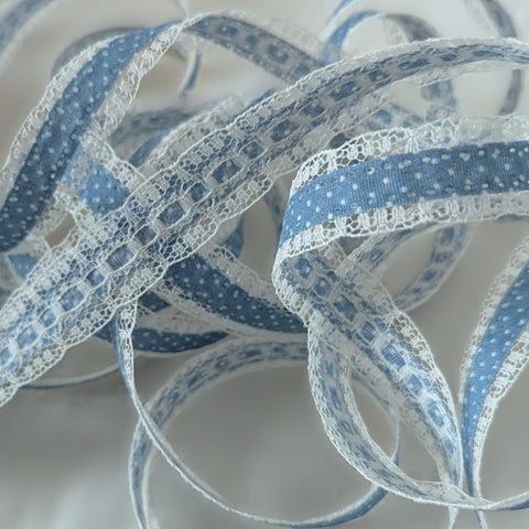 R2380 18mm Blue Cotton Ribbon over a Natural Lace