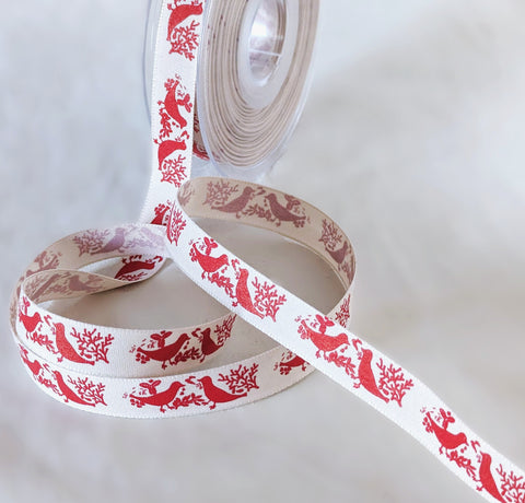 Berisfords Rustic Christmas Turtle Doves Ribbon | 15mm | Beige & Red