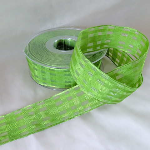25mm Lime Green Grosgrain & Sheer Check Wire Edge Ribbon | Berisfords
