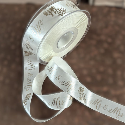 25mm Ivory-Gold Mr & Mrs Wedding Print Satin Ribbon, Berisfords
