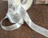 25mm Ivory-Gold Mr & Mrs Wedding Print Satin Ribbon, Berisfords