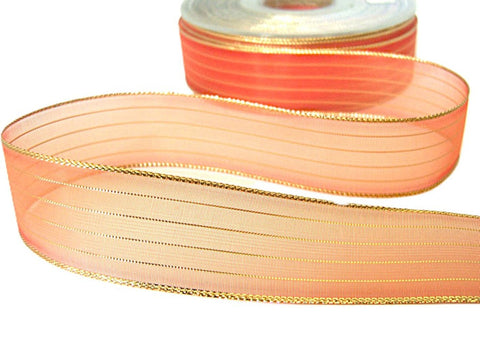 25mm Apricot Sheer Organza Ribbon with Thin Metallic Gold Stripes