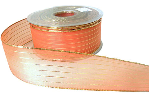 40mm Apricot Sheer Organza Ribbon with Thin Metallic Gold Stripes