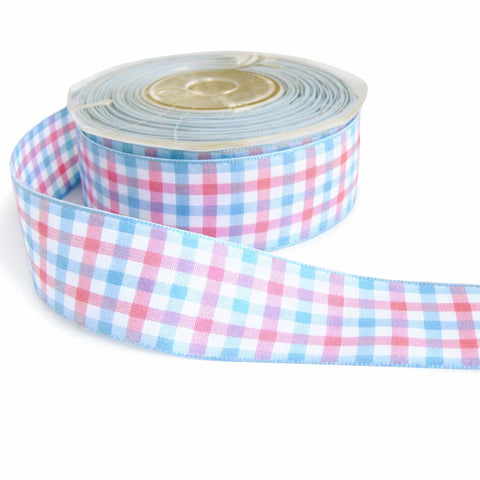 25mm Pink, Blue & White Polyester Gingham Ribbon