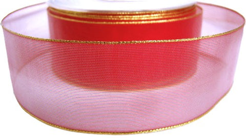 40mm Red Water Resistant Sheer Ribbon with Metallic Gold Borders.Wire Edge