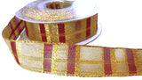 25mm Gold-Scarlet Berry Metallic Mesh-Check Ribbon, Berisfords
