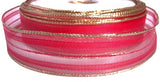 27mm Red Sheer Striped Ribbon with Metallic Gold Borders. Wire Edge