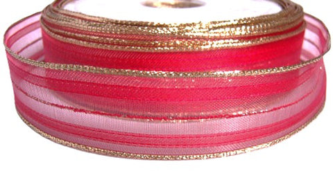 27mm Red Sheer Striped Ribbon with Metallic Gold Borders. Wire Edge