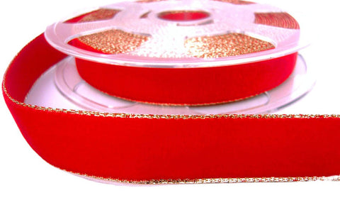 24mm Bright Red Nylon Velvet Ribbon with Metallic Gold Borders