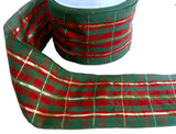 75mm Green & Red Tartan Ribbon with Thin Metallic Stripes