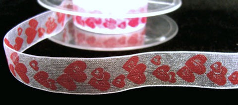 16mm White & Red Sheer Love Heart Print Ribbon
