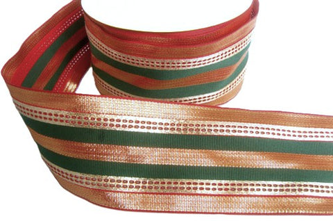 66mm Red, Green & Metallic Gold Striped Grograin Ribbon