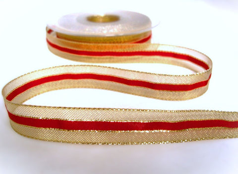 16mm Gold Metallic Mesh Ribbon with a Solid Red Centre Stripe