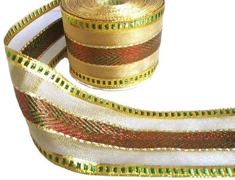 65mm Metallic Gold, Red & Green Ribbon. Mesh with Lurex Stripes