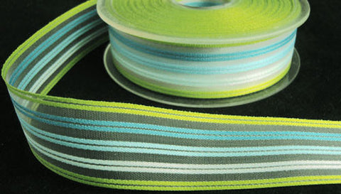 R5534 26mm Blues-Lime Green Striped Sheer Ribbon by Berisfords