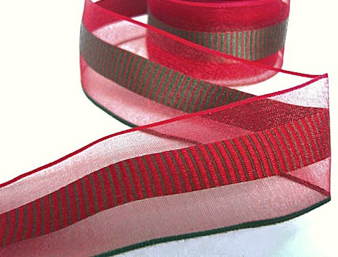 40mm Red-Green Sheer & Satin Banded Ribbon by Berisfords