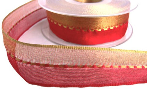 25mm Red & Metallic Gold Shot Sheer Ribbon with Gimp Stitch