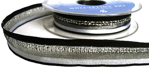 R5615 16mm Black-White-Silver Sheer Satin-Tinsel Stripe Ribbon,Berisfords