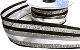 R5625 42mm Black, White and Silver Sheer, Satin and Tinsel Stripe Ribbon