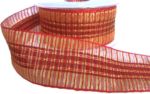 40mm Reds & Metallic Gold-Organza Tartan Ribbon  - Berisfords