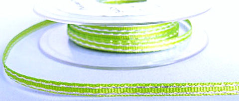 5mm Lime Green Polyester Grosgrain Ribbon with Silver Metallic Stripes