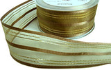 40mm Moss Sheer Ribbon with Brown Satin & Metallic Stripes